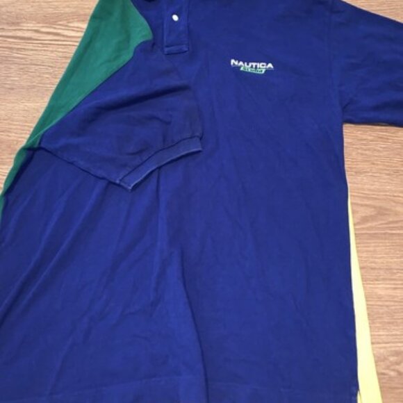 VTG Men's Nautica Scuba Polo Shirt Blue Green Yellow Stripes - Size XXL - Picture 1 of 8